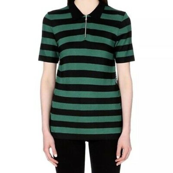 SANDRO green & black striped collared sweater with mesh back and zipper - Picture 1 of 9